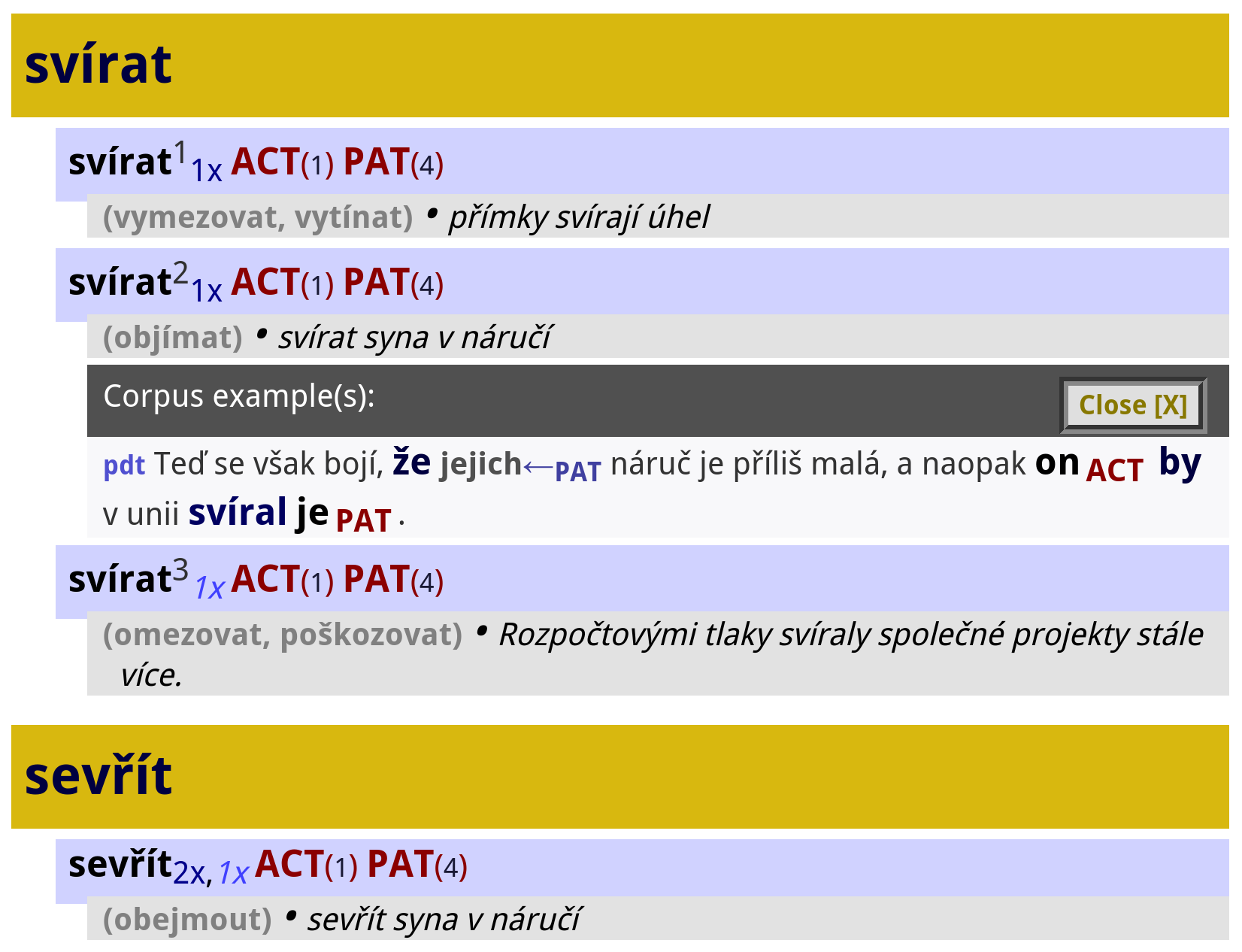 4 SLOVNÍKY A JEJICH FORMÁTY Obrázek 4.2: Ukázka slovníkových hesel sevřít a svírat z webového rozhraní slovníku PDT-Vallexvčetně zobrazení jednoho z korpusových dokladů z PDT.