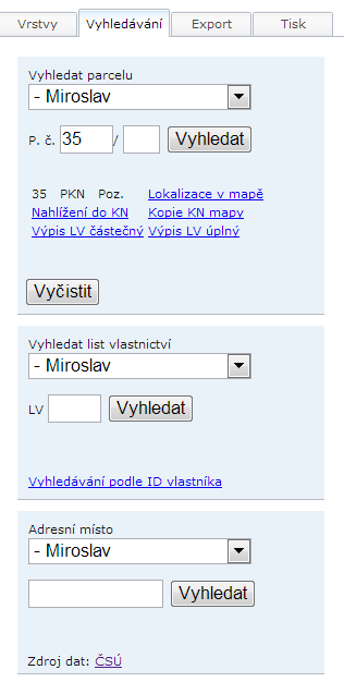 měření vzdálenosti oddálení mapy přiblížení mapy ručka pro posun mapy zobrazit vše trvalý odkaz na aktuální mapu Záložky: Vrstvy pomocí funkce vrstvy si můžete zvolit informace, které Vám budou