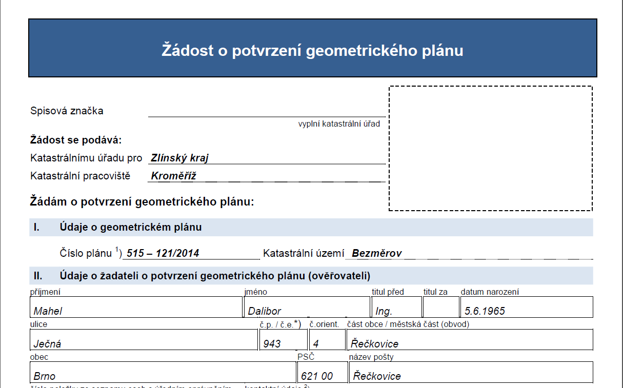 Převzetí a potvrzení GP katastrálním úřadem 1.