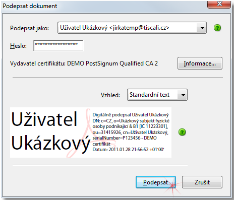 4.3 Elektronické podepsání dokumentu (elektronický podpis) POZOR! Elektronický podpis není podmínkou pro odeslání dokumentu. Vyplněný formulář lze odeslat podepsaný tzv.