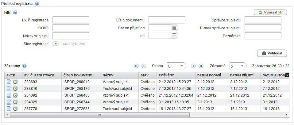 Požadovaný rok vyberete ve Filtru v kolonce Ohlašovaný rok nebo můžete vyplnit Datum přijetí od/do: POZOR! Pro hledání historických hlášení se musí nastavit volba Datum přijetí od (viz obrázek výše).