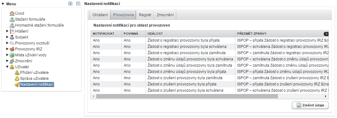 7.8.3 Nastavení notifikací Notifikace je automaticky zasílaná zpráva, která uživatele systému ISPOP informuje o aktuálním stavu jeho dokumentů či žádostí (např.