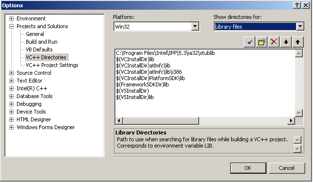 2. Nastavíme cesty k Library Files. Postupujeme přesně podle bodu 1, kde místo include vybereme Library Files a nastavíme cestu: C: \Program Files\Intel\IPP\5.3\a32\stublib. Obr. 4.