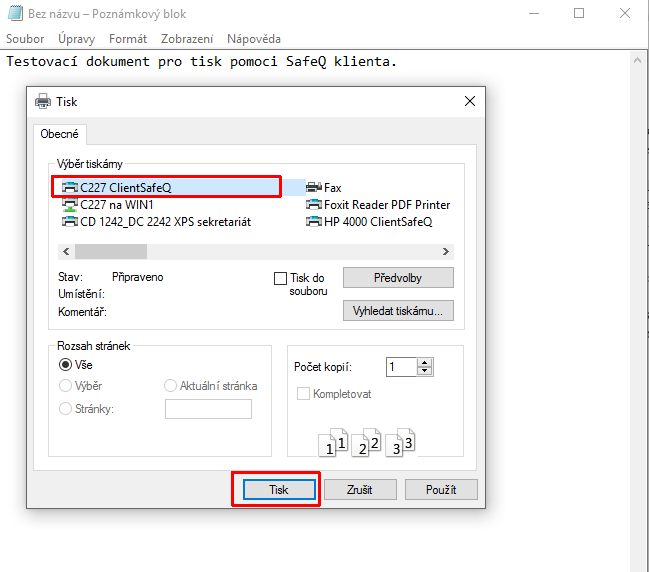 Postup při tisku přes SafeQ klienta 1) Na svém počítači si otevřete v příslušné aplikaci soubor, který chcete vytisknout (dokument ve Wordu, výkres v AutoCADu, tabulku v Excelu ap.). V aplikaci zvolíte v menu Soubor - Tisk (v AutoCADu Soubor - Vykreslit).