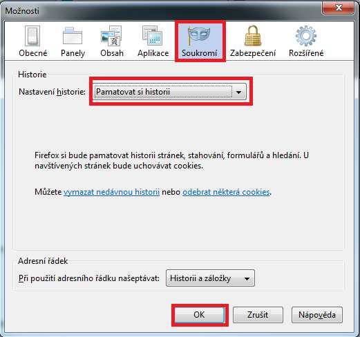 U Nastavení historie zvolte Pamatovat si historii (případně zvolte Použít pro historii vlastní nastavení a zatrhněte