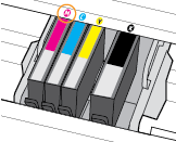 5. Řiďte se barevnými písmeny a zasuňte kazetu do prázdné zásuvky tak, aby se v zásuvce pevně zajistila. Zkontrolujte, zda barevné písmeno na kazetě odpovídá písmenu na zásuvce. 6.