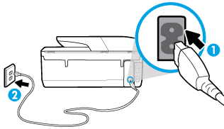1 Připojení tiskárny ke zdroji napájení 2 Připojení k elektrické zásuvce 2. Podívejte se na tlačítko Napájení na tiskárně. Pokud nesvítí, tiskárna je vypnutá.