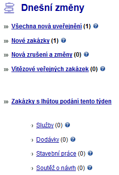 Dnešní změny, Zakázky s lhůtou podání tento týden Základní přehled funkcí a možností aplikace VVZ Rozcestník Dnešní změny, který je umístěn na úvodní stránce aplikace VVZ umožňuje uživatelům rychlý