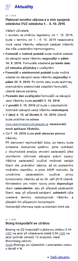 Aktuality Aktuality na úvodní stránce aplikace seznamují uživatele aplikace s aktuálními zprávami. Na úvodní stránce jsou uvedeny pouze ty nejnovější.