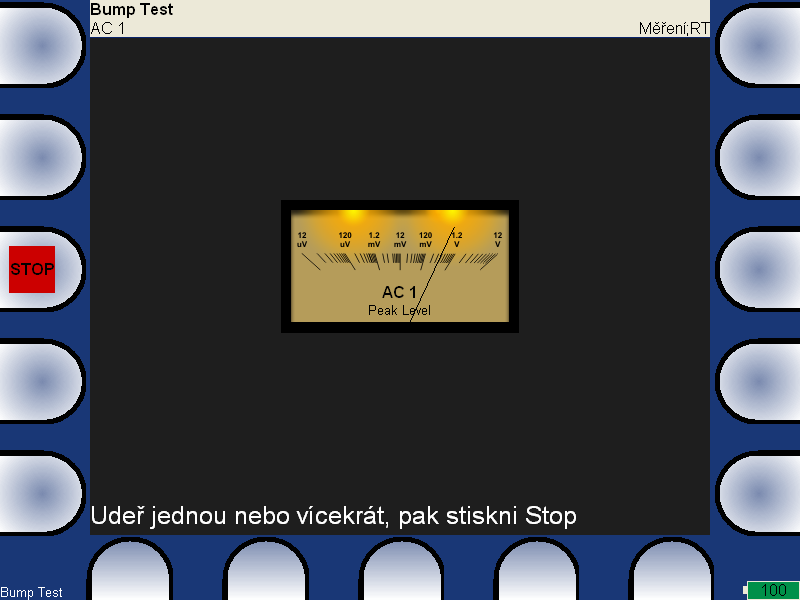 Bump Test Tento mód je určen provedení rázového testu pro nalezení rezonančních frekvencí. Po spuštění módu nastavte parametry Nastavení (použitý kanál a počet úderů pro průměrování).