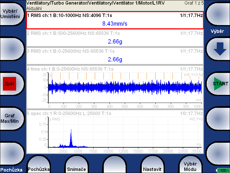 Zvolte stroj a stiskem šipky doprava otevřete seznam měřících míst. Za názvem místa je zobrazen počet ac kanálů v místě (1ch=1 ac kanál). Měřit můžete začít stiskem tlačítka Start.