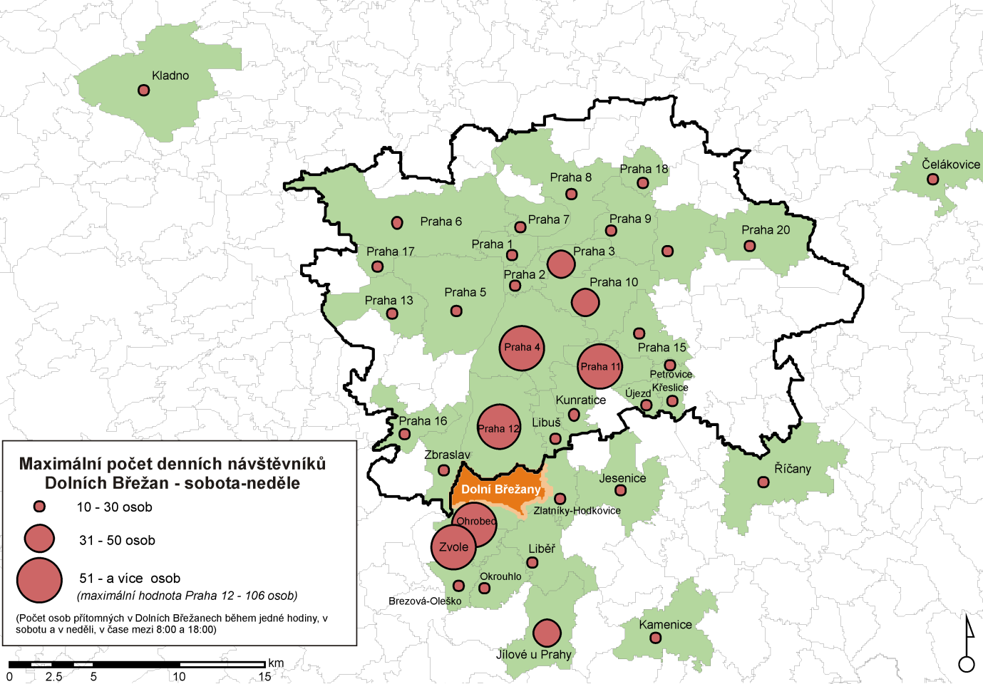 Obyvatelé a návštěvníci Dolních Břežan 11 Obrázek: Hlavní zdrojové oblasti denní dojížďky do
