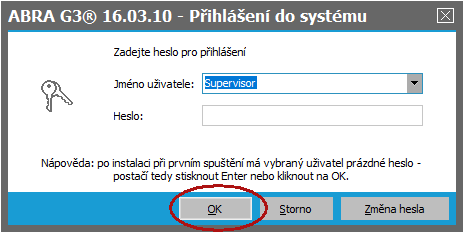 Poté se již zobrazí přihlašovací dialog do s výběrem uživatele: Vyberte uživatel Supervisor a přihlašte se do systému.