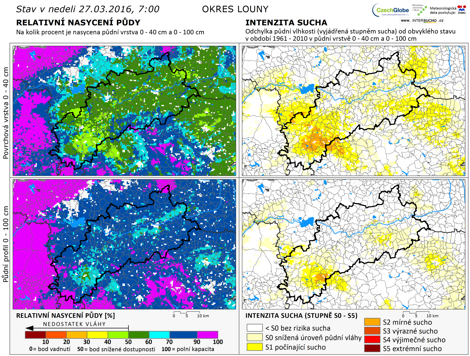 REGIONÁLNÍ MONITORING SUCHA A JEHO DOPADŮ OBSAH MAPY: Intenzita sucha v rozlišení 500 x 500 m pro každý okres pro 0-40 cm a 0-100cm; Relativní