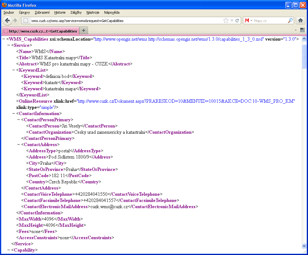 Za příklad použijeme WMS provozovanou ČÚZK, po zadání adresy http://wms.cuzk. cz/wms.asp?service=wms&request=getcapabilities obdržíme XML soubor jehož náhled je zobrazený na obrázku č. 1.