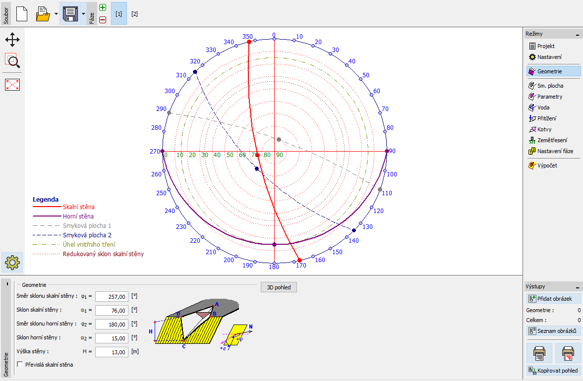 Hodnoty pro zadání geometrie terénu a skalní stěny Směr sklonu [ ] Sklon [ ] Skalní stěna 257 76 Terén (horní stěna) 180 15 Okno pro zadávání orientace skalní stěny a terénu s průsečnicovým diagramem