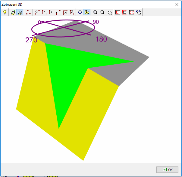 Po zadání orientace smykových ploch je možné zvolením tlačítka 3D Pohled vyvolat okno Zobrazení 3D, ve kterém je možné natáčet 3D zobrazení zadaných ploch.