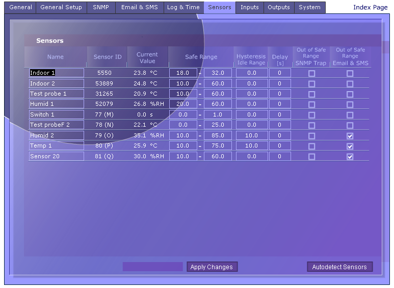 Flash menu: Sensors Unique sensor ID When out of this range, e-mail or SMS is sent. Enables sending e-mail or SMS or SNMP Trap because of this sensor.