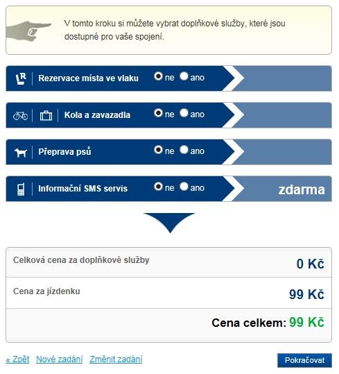 Krok 5: Vybrat případné doplňkové služby a kliknout na Pokračovat.