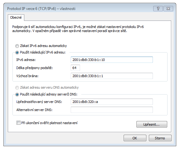 Praktická část 33 Obr. 7 Nastavení pro statickou konfiguraci IPv6 adresy Windows 7 3.7 Konfigurace pobočky ve Znojmě Další pobočka se konfigurací neliší od předchozí.