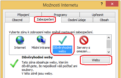 4. Nastavení důvěryhodných serverů V nabídce Nástroje si vybereme kolonku Možnosti internetu, další volbou je Zabezpečení.