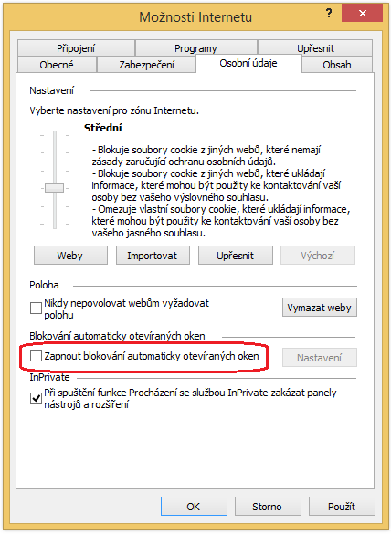 Poznámka: Pokud je z nějakého důvodu nežádoucí komplexní zákaz blokování automaticky otevíraných oken, je možné blokování povolit, ale nastavit výjimku v blokování pro server, kde je aplikace