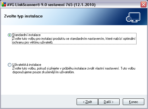 3.4. Zvolte typ instalace Dialog Zvolte typ instalace vám dává na výběr mezi standardní a uživatelskou instalací.