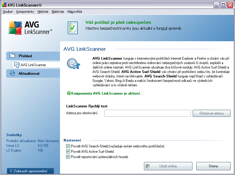 7. Komponenty 7.1. Link Scanner Komponenta LinkScanner se otevře v tomto základním rozhraní: Položka LinkScanner Rychlý test nabízí možnost okamžitého ověření bezpečnosti libovolné URL adresy.