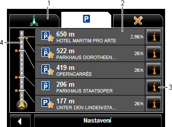 Upozornění: Panel POI na trase se po několika sekundách opět zavře. Má-li zůstat panel otevřený, klepněte na tlačítko (Uzamknout). Tlačítko se změní na (Uzamknuto).