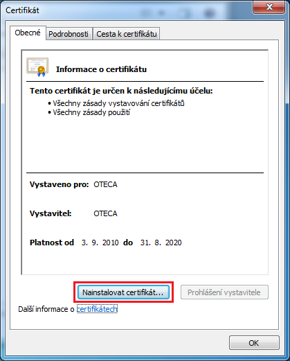 V okně s informacemi certifikátu OTECA je možné tento