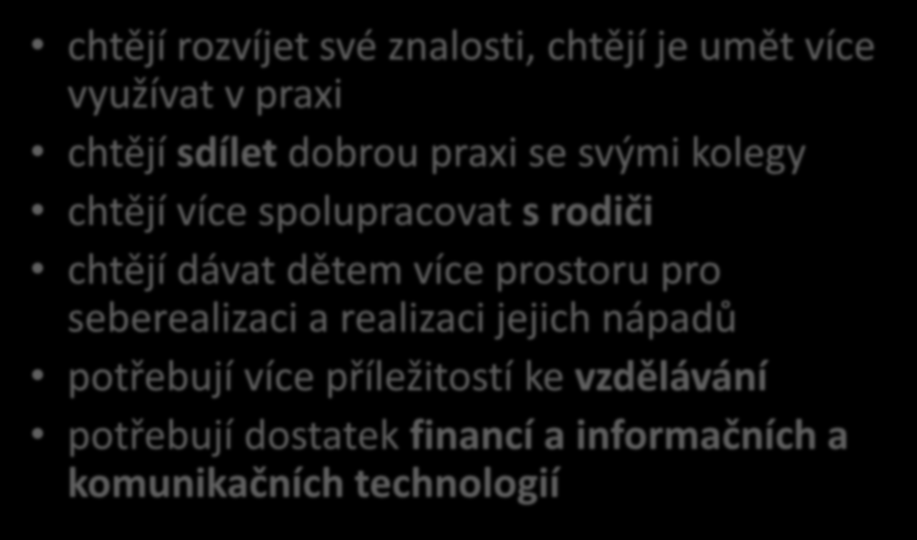 Shrnutí za MŠ dle oblastí KOMPETENCE K INICIATIVĚ A KREATIVITĚ ŽÁKŮ chtějí rozvíjet své znalosti, chtějí je umět více využívat v praxi chtějí sdílet dobrou praxi se svými kolegy chtějí více