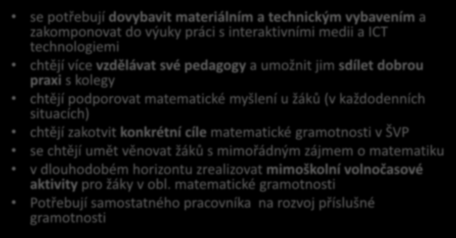 Shrnutí za ZŠ dle oblastí MATEMATICKÁ GRAMOTNOST se potřebují dovybavit materiálním a technickým vybavením a zakomponovat do výuky práci s interaktivními medii a ICT technologiemi chtějí více