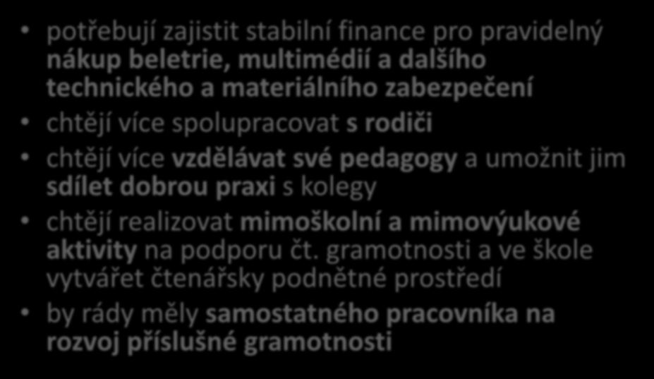 Shrnutí za ZŠ dle oblastí ČTENÁŘSKÁ GRAMOTNOST potřebují zajistit stabilní finance pro pravidelný nákup beletrie, multimédií a dalšího technického a materiálního zabezpečení chtějí více spolupracovat