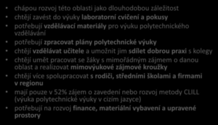 Shrnutí za ZŠ dle oblastí POLYTECHNICKÉ VZDĚLÁVÁNÍ chápou rozvoj této oblasti jako dlouhodobou záležitost chtějí zavést do výuky laboratorní cvičení a pokusy potřebují vzdělávací materiály pro výuku