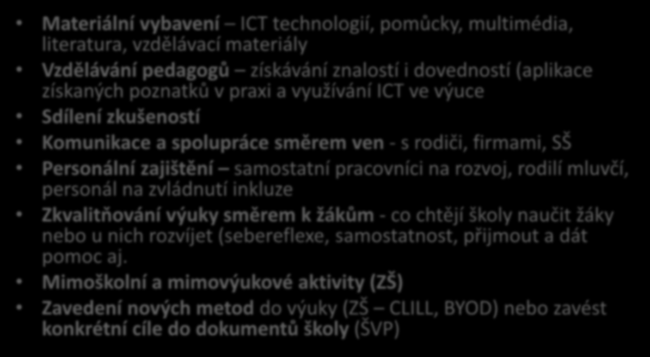 Průřezová témata k diskuzi Materiální vybavení ICT technologií, pomůcky, multimédia, literatura, vzdělávací materiály Vzdělávání pedagogů získávání znalostí i dovedností (aplikace získaných poznatků