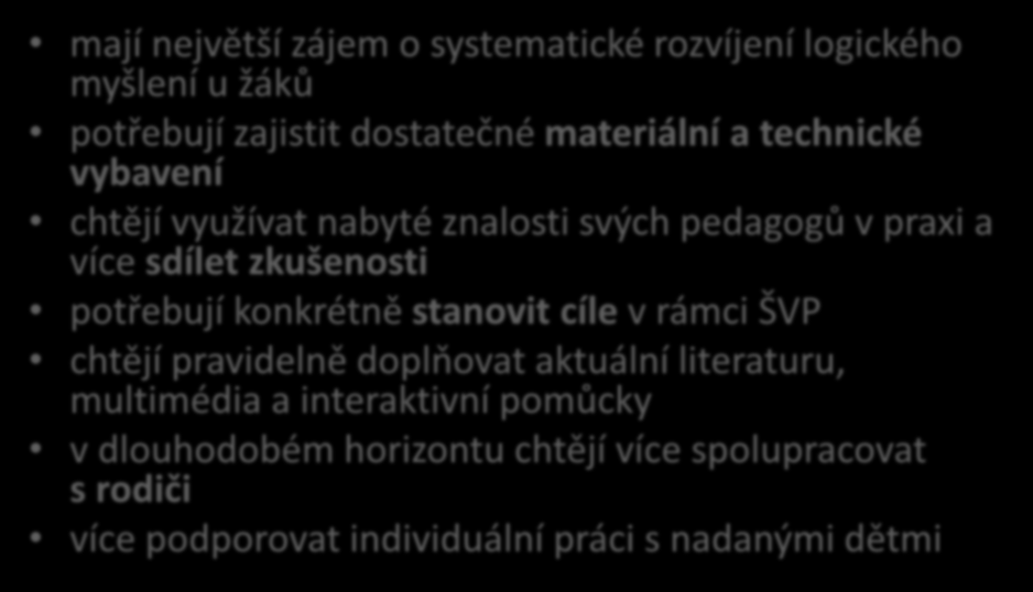 Shrnutí za MŠ dle oblastí MATEMATICKÁ PREGRAMOTNOST mají největší zájem o systematické rozvíjení logického myšlení u žáků potřebují zajistit dostatečné materiální a technické vybavení chtějí využívat