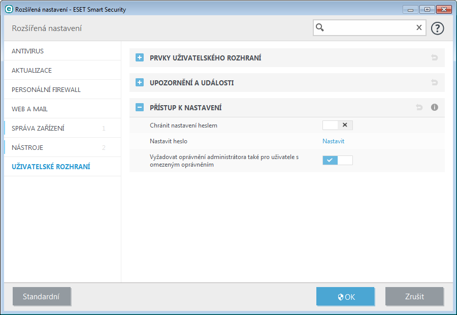4.7.3 Přístup k nastavení Správné nastavení ESET Smart Security je velmi důležité pro zachování celkové bezpečnosti systému a jeho neoprávněná změna může vést ke snížení stability a ochrany systému.