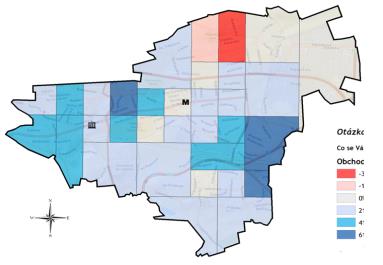 12. Co se Vám v okolí Vašeho bydliště líbí? (5/7) 4. Kontroverze a mírná spokojenost 7. Mapa číslo 4 znázorňuje geografické rozložení spokojenosti s nabídkou obchodů.