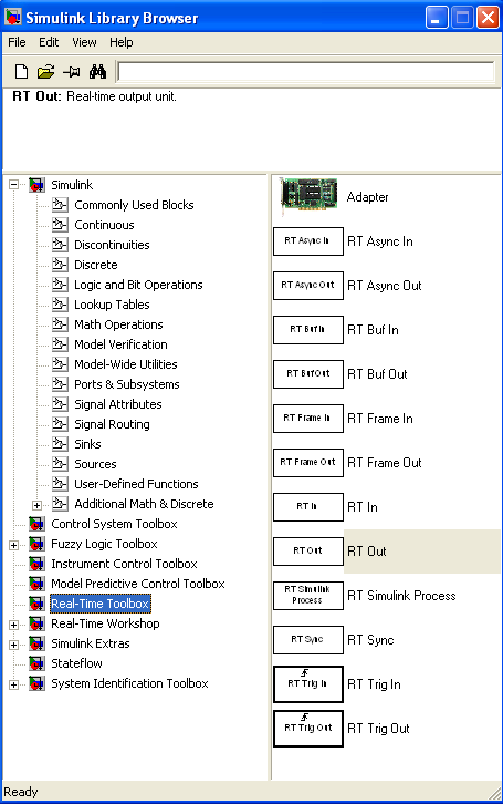 1 Základní bloky Pro komunikaci MatLab/Simulinku s měřicí kartou je v předmětech zajišťovaných Ústavem řízení systémů a spolehlivosti používán Real-Time Toolbox ve verzi 4.0.1. Real-Time Toolbox je samostatná knihovna funkcí (obr.