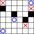 Piškvorky úloha za 3 body Vyplňte čtverečkovanou sít křížky a kolečky tak, aby vodorovně, svisle ani diagonálně neležely tři stejné symboly