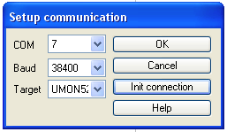 Navázání komunikace Nastavení a navázání komunikace se provede v dialogu Setup communication. Ten vyvoláte pomocí tlačítka Communication nebo z menu Tools/Communication.