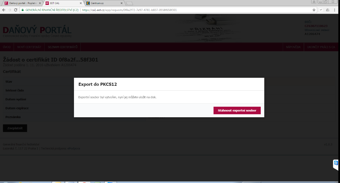Obr. 34 Daňový portál Certifikáty vytvoření exportního souboru Obr. 35 Daňový portál Certifikáty stažení certifikátu 4.2 JAK ODINSTALOVAT CERTIFIKÁT?