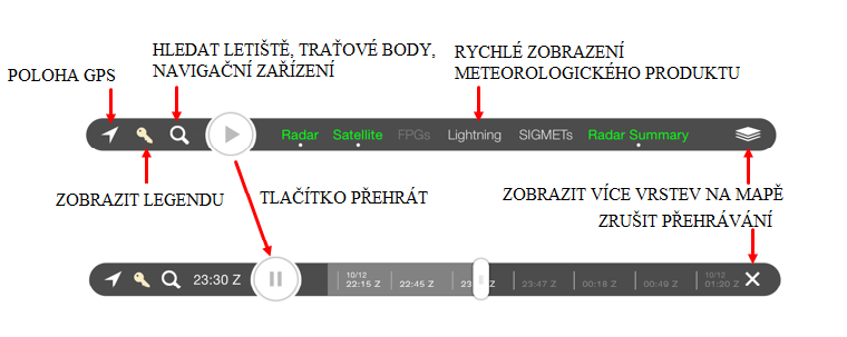 Meteorologické produkty aplikace WSI PilotBrief Optima se v záložce Map zobrazují na interaktivní podkladové mapě; jejich zobrazení si uživatel může zvolit pomocí panelu nástrojů (obr. 4.5) [40]. Obr.