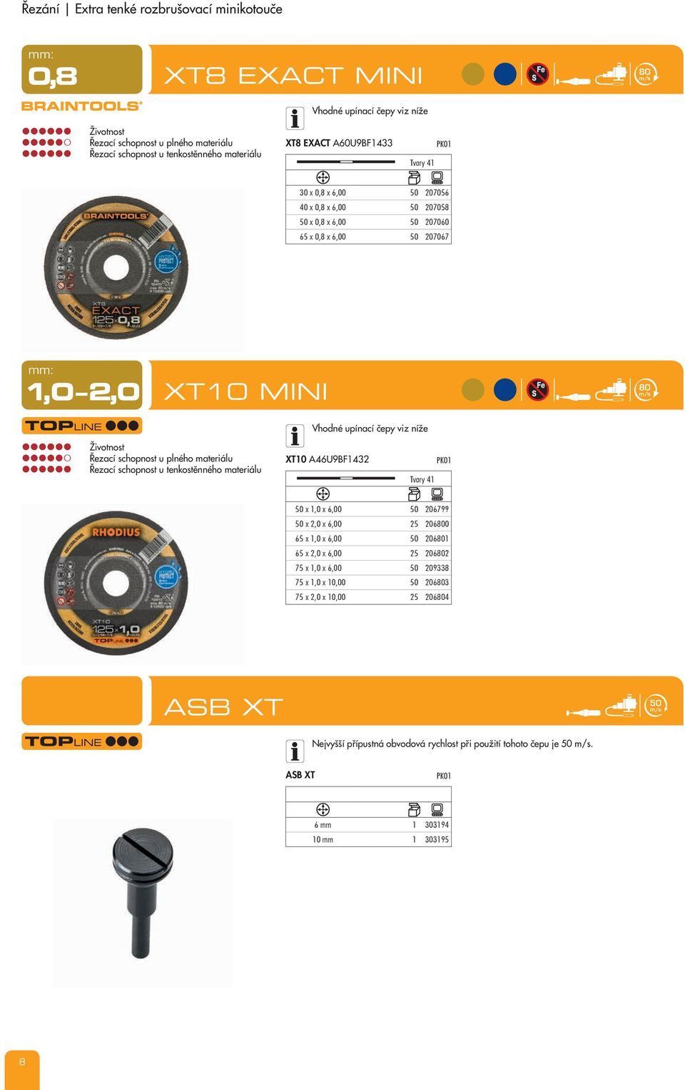 schopnost u plného materiálu Řezací schopnost u tenkostěnného materiálu XT10 A46U9BF1432 Tvary 41 PK01 50 x 1,0 x 6,00 50 206799 50 x 2,0 x 6,00 25 2060 65 x 1,0 x 6,00 50 2061 65 x 2,0 x 6,00