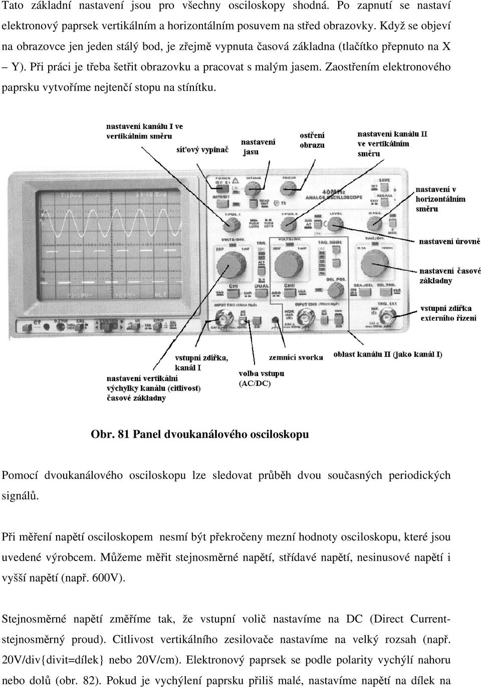 Zaostřením elektronového paprsku vytvoříme nejtenčí stopu na stínítku. Obr.