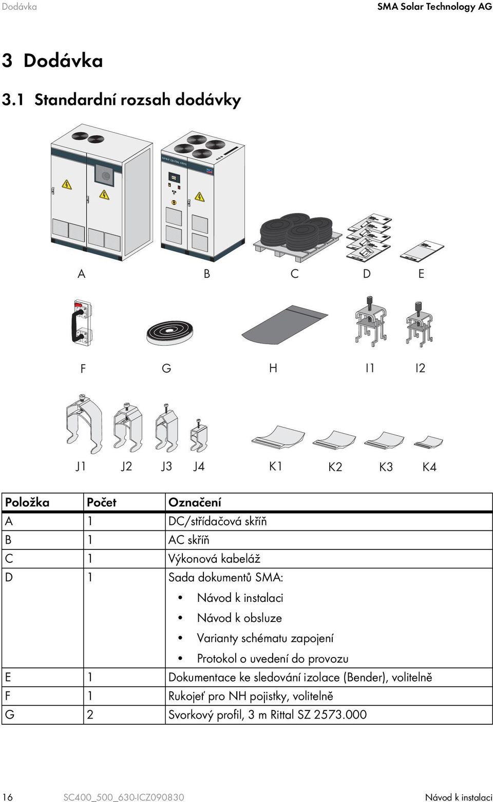 1 Standardní rozsah dodávky A B C D E F G H I1 I2 J1 J2 J3 J4 K1 K2 K3 K4 Položka Počet Označení A 1 DC/střídačová skříň B 1 AC skříň C 1 Výkonová kabeláž D 1 Sada dokumentů SMA: Návod k instalaci