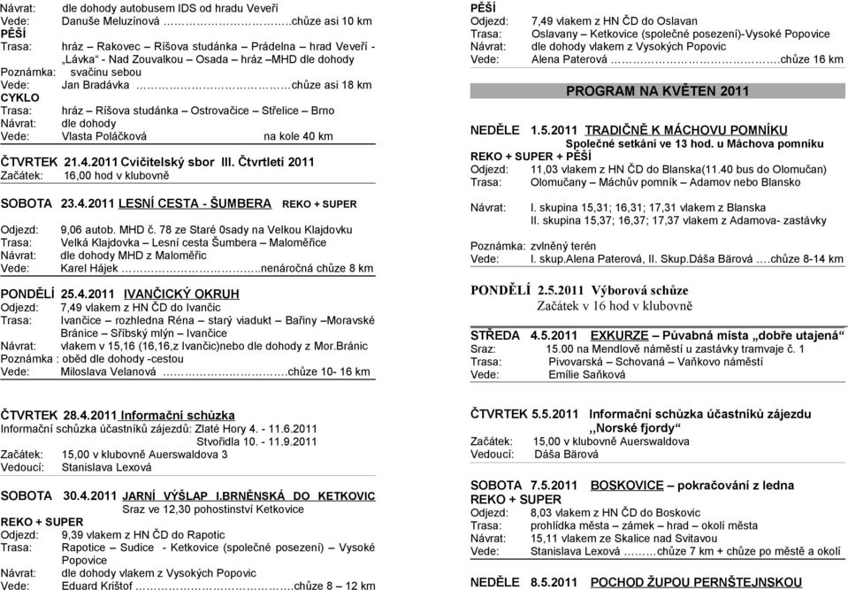 Ostrovačice Střelice Brno dle dohody Vlasta Poláčková na kole 40 km ČTVRTEK 21.4.2011 Cvičitelský sbor III. Čtvrtletí 2011 16,00 hod v klubovně SOBOTA 23.4.2011 LESNÍ CESTA - ŠUMBERA 9,06 autob.