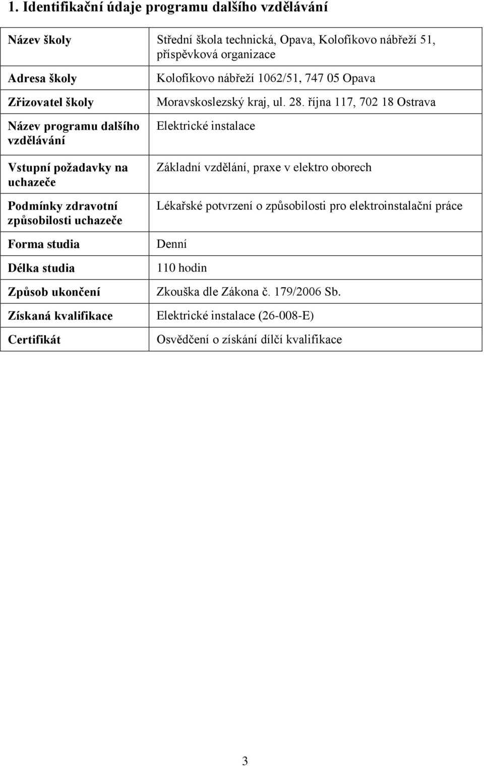 Certifikát Kolofíkovo nábřeţí 1062/51, 747 05 Opava Moravskoslezský kraj, ul. 28.