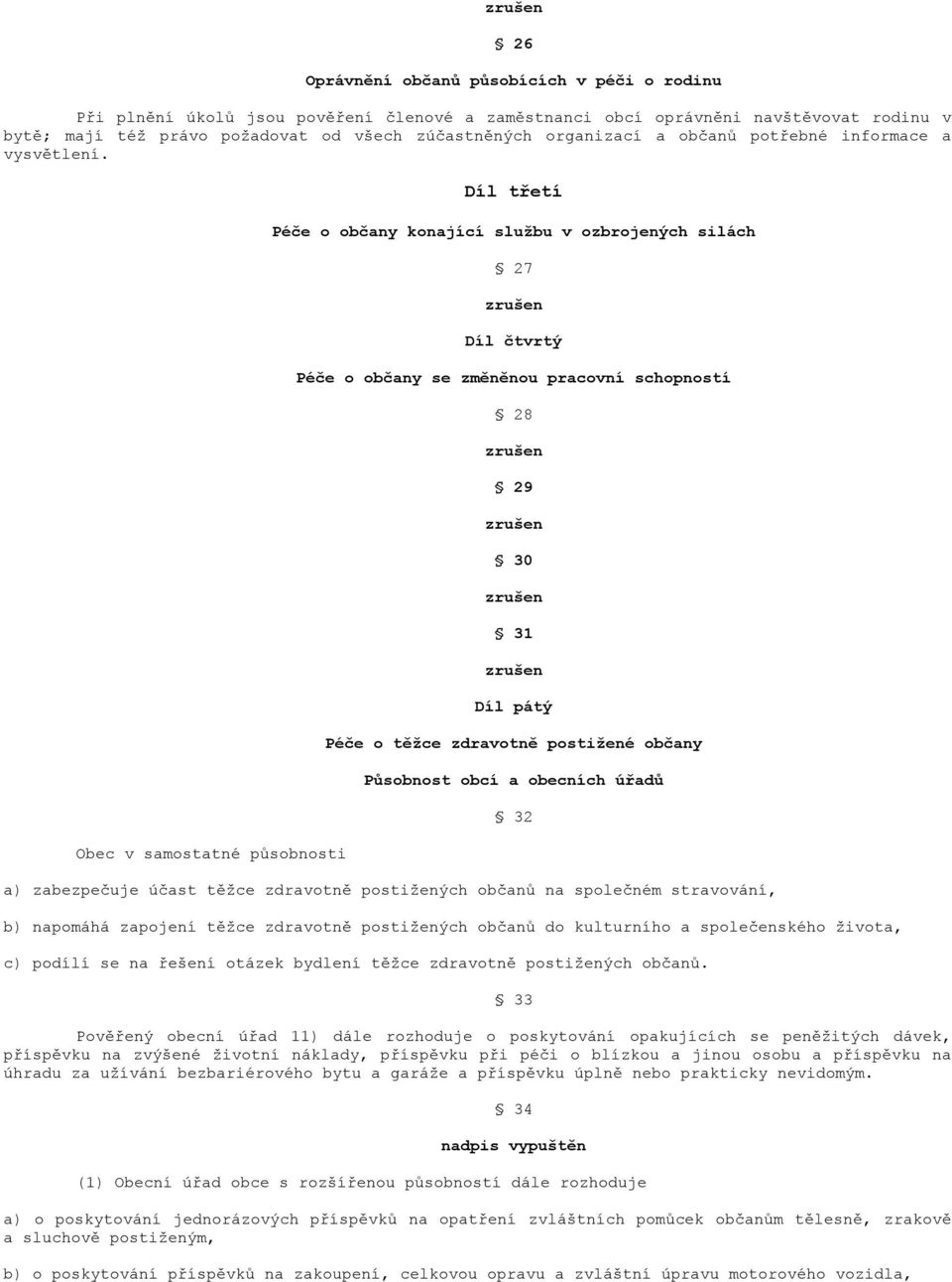 Obec v samostatné působnosti Díl třetí Péče o občany konající službu v ozbrojených silách 27 Díl čtvrtý Péče o občany se změněnou pracovní schopností 28 29 30 31 Díl pátý Péče o těžce zdravotně
