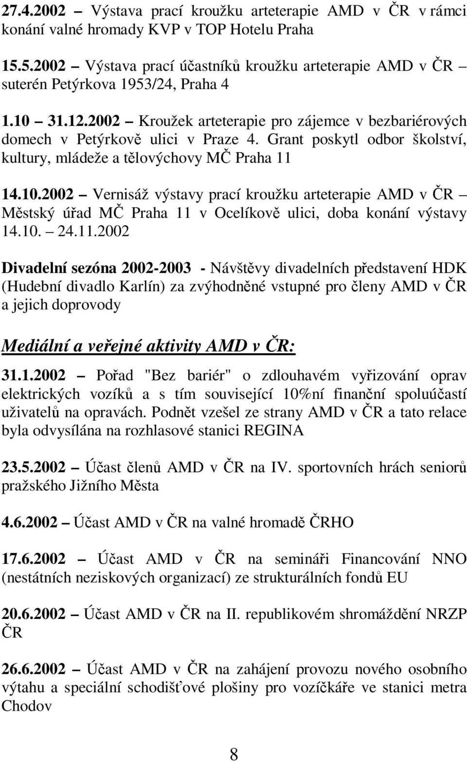 10. 24.11.2002 Divadelní sezóna 2002-2003 - Návštvy divadelních pedstavení HDK (Hudební divadlo Karlín) za zvýhodnné vstupné pro leny AMD v R a jejich doprovody Mediální a veejné aktivity AMD v R: 31.